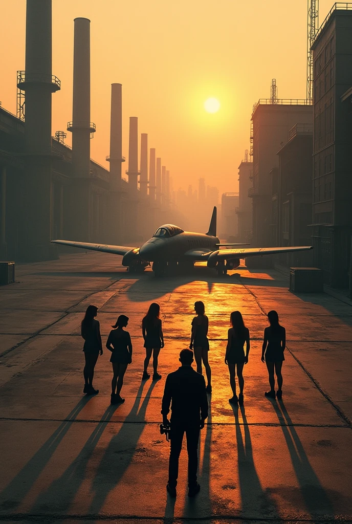 3D Style,Aerial Photography,Two-color,black,orange,Photographer holding camera and tripod,Photo pose,With several beautiful models,commanding,factory,taller,Aircraft depot,Abandoned fighter plane lying on the ground,Wide-angle lens