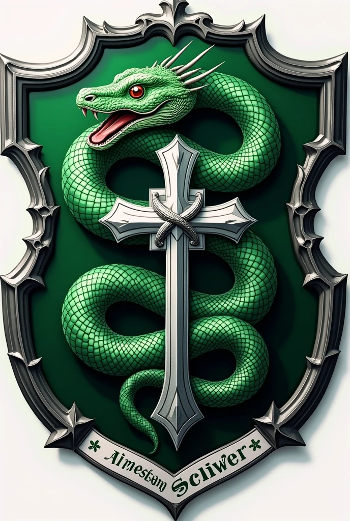 Combine the elements of the Slytherin crest and the nursing crest. The coat of arms must have a green serpent, similar to the serpent of the nursing caduceus, coiled around a silver cross, that represents nursing. The snake must have green and silver details, with shiny scales, maintaining Slytherin&#39;s characteristic greenish hue. At the bottom of the coat of arms, use the shape of the Slytherin shield, with silver details and predominant green. Also add a stripe at the base with the word &#39;Slytherin&#39;, but with nursing symbols, like a syringe or stethoscope, decorating the ends of the strip