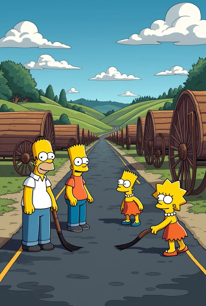 Create an image of the Simpsons working on asphalt and wagons