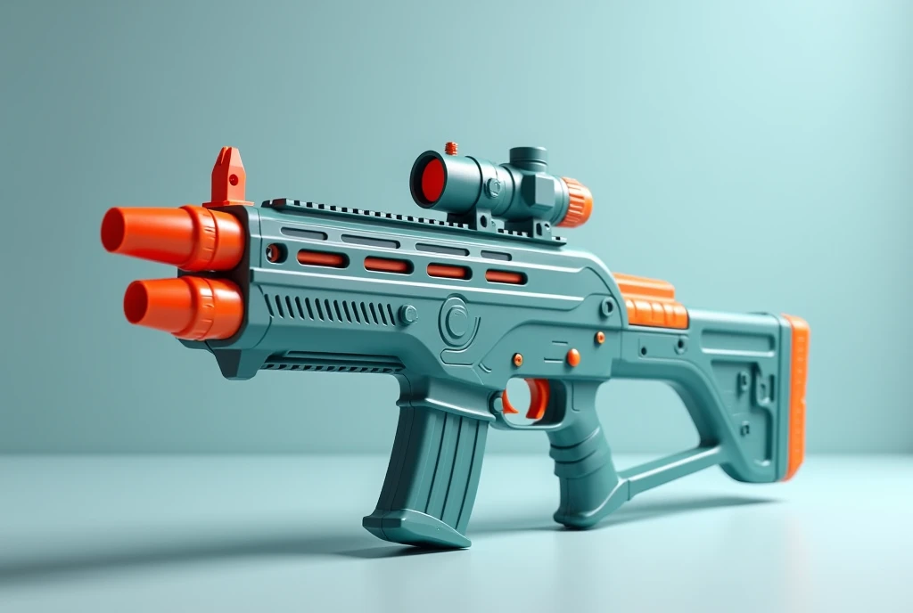 Mini double water gun toy，Integrated rifle mount，Q version，Magazine and scope，(Similar structure to AK47)，(Double muzzle:1.3)，Smooth lines，Plastic material，Three-color Morandi color matching，high quality，Professional Product Photography，Table background，3d, OC Rendering，