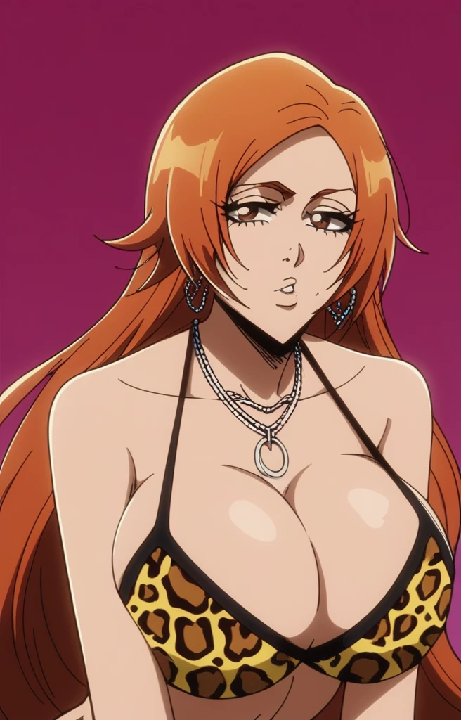 Inoue Orihime,Big breast,leopard print casual outfit with vkeavage,lariat necklace,Long pink nail,Hoopa bracelet,Earpiercing,Bleach Anime artstyle,Half eyes open,Spouty mouth,Thick lips,Curvy figure,Big wavy hair,Enchanced breast,tight thights,gaze on viewer,ear visible,bouncy breast,unnatural big breast,crossing arm,heart shaped Earrings,Light blush,Swaying hips,Enormous Big breast,H cup,((Spider bite Ring shaped piercing mouth)),Blunt hair bang,thick wavy long hair,Bob long hair,Long nail