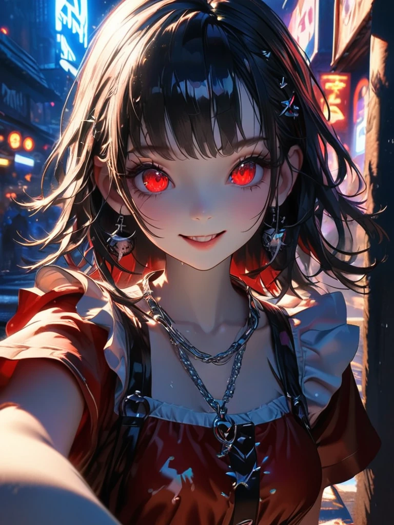 1 girl, chromatic aberration, Written boundary depth, Soft Light, masterpiece, Highest quality, complicated, Tone Mapping, A place where fireworks are set off at festivals. Concept Art, Smooth, Clear focus, Dramatic lighting, Very cinematic, super practical painting, アートステーション's trending, 8k, Incredible Shadows, practical,  whole body, View, Viewers, Portrait of a Girl 1, standing on street corner, Heavy rain and lightning、Dark Sky, neon and cyber punk background, she is dressed in punk clothing with silver chains and silver spikes, Her hair was dyed a bright black color..........Ominous aura of light, smile, punk, ciber punk, Backlight.Fashionable clothes、Friendly dress code:Wearing a cute red dress.My breasts are a little big.Beautiful red eyes