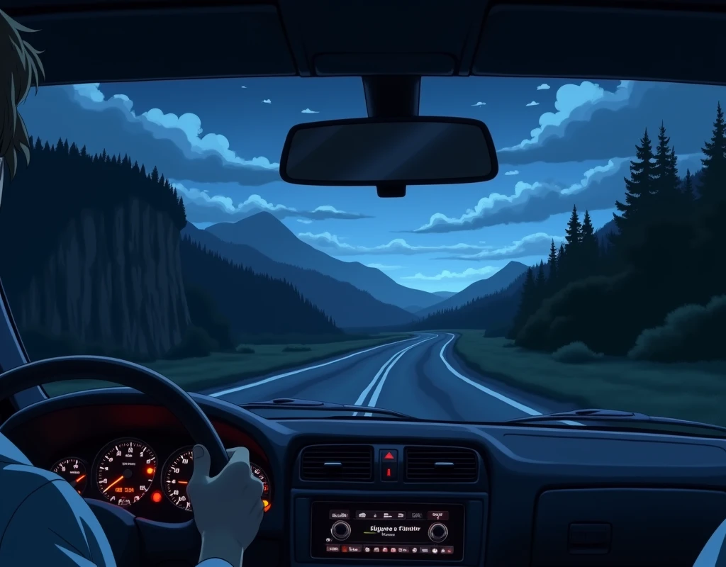 Interior of a car, the night with the sky is very cloudy, a road with a cliff on the left side and a forest on the right as seen from inside the car, a blue setting in Anime style