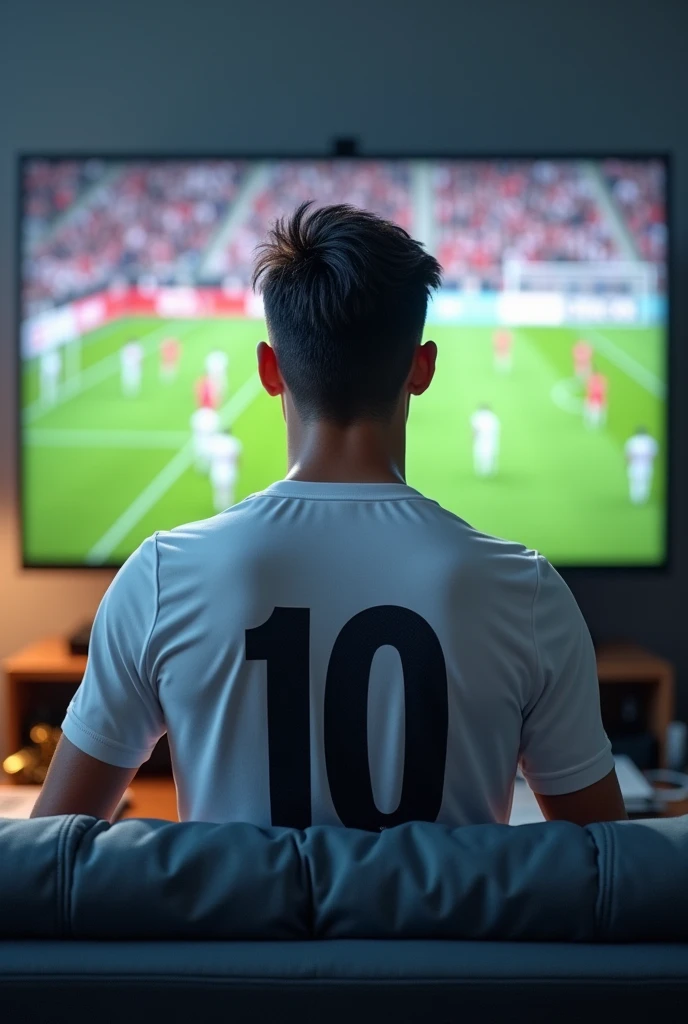 Male fan sitting on the couch wearing an all-white team uniform with only the number 10 watching a football game on television, with the all-white team uniform, on an office desk 