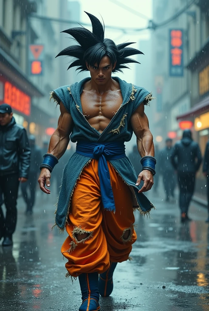 Rain, fragments splash Snowflakes, particles blender Cinematic Composition A realistic photoshoot of an Japanese male model cosplaying dragon ball classic Uniform blue orange white, hair style conceptual messy wind akira toriyama as from RAW photography tmasterpiece Anthropomorphic humanoid goku ssj4 primal Saiyan's rage facing eyes glow red red gold Torn Viking costume wearing Street attire, Walk wildly through the crowd, intricately details, Intricate work by Gribors, Behind the city, fit-muscled body, Large muscles, Muscular arms, Small head, Scary ogres, Titan soft lighting, Ultra photo realsisim, gentle illumination, sinister environment filmed by Zack Synder variant angles dynamic