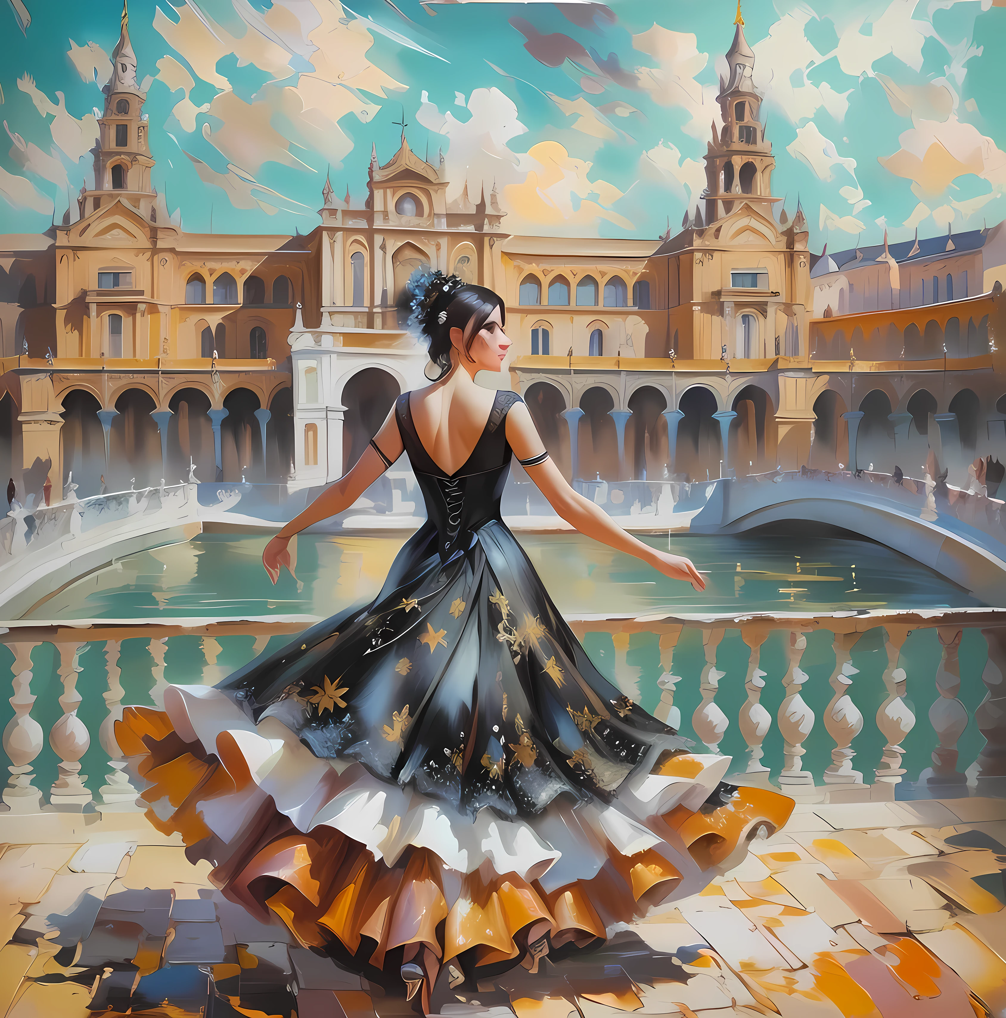 painting of a woman in a black flattering dress dress is walking in front of the river in Plaza de Espana, Seville, alla prima oil painting, realistic spanish woman painting, andrew atroshenko, in style of steve henderson, dmitry spiros, artwork, by Bencho Obreshkov, elegant oil painting, steve henderson, Romaticism, oil painting on canvas, daniel lezama painting style