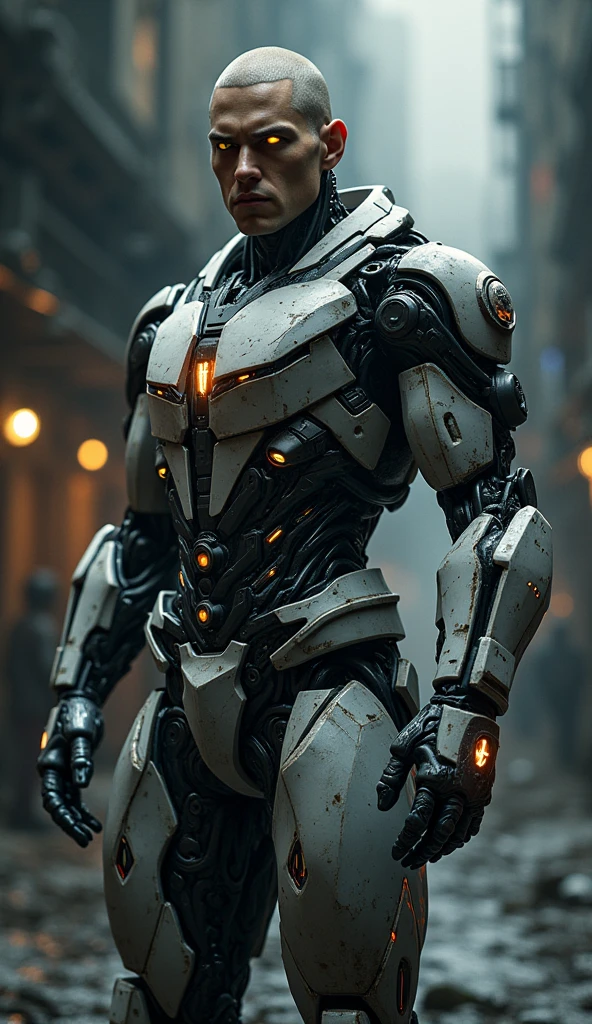 Generates an image of Eminem in a Transformers suit 
Eminem looks like a robot by attaching a robot body to Eminem's body