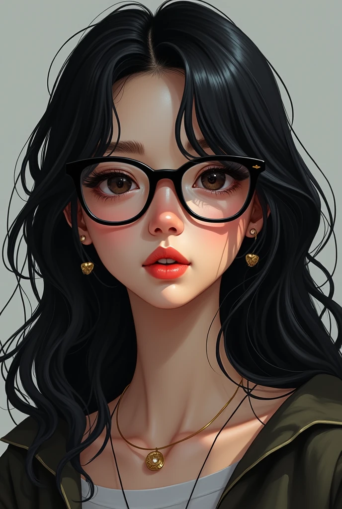 Create a girl with black hair, black eyes and glasses