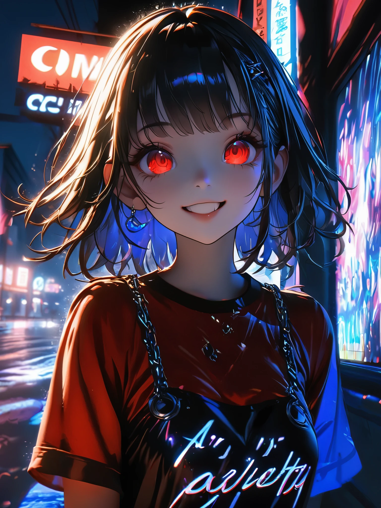 1 girl, chromatic aberration, Written boundary depth, Soft Light, masterpiece, Highest quality, complicated, Tone Mapping, A place where fireworks are set off at festivals. Concept Art, Smooth, Clear focus, Dramatic lighting, Very cinematic, super practical painting, アートステーション's trending, 8k, Incredible Shadows, practical, whole body, View, Viewers, Portrait of a Girl 1, standing on street corner, Heavy rain and lightning、Dark Sky, neon and cyber punk background, she is dressed in punk clothing with silver chains and silver spikes, Her hair was dyed a bright black color..........Ominous aura of light, smile, punk, ciber punk, Backlight.Fashionable clothes、Friendly dress code:Wearing a cute red dress.My breasts are a little big.Beautiful red eyes