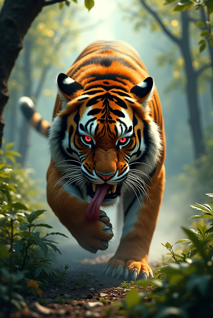 Tiger in a forest and eating a rabit
With a red eye and in the city