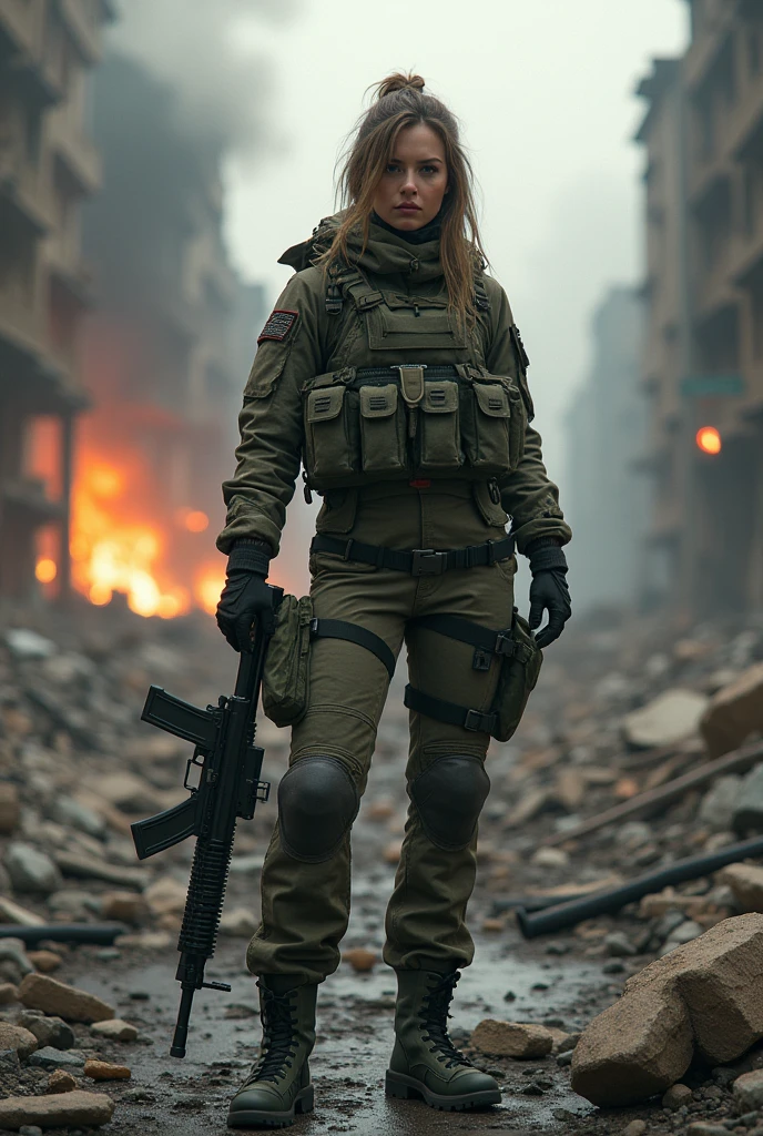 (best quality, photorealistic, ultra detailed) A woman in a devastated city, buildings collapsed, on fire, smoke, wearing military equipment, military clothes, M4 machine gun in her hands, detailed weapon. 