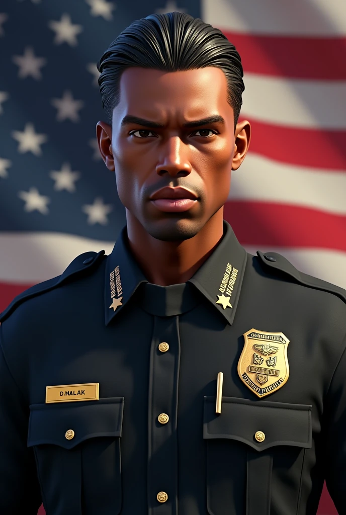 Photo realistic picture from the front. Light skin black male character with slicked back black hair with blonde highlights , patch that says San Andreas Highway Patrol, American flag patch on the right arm and department patch on left arm, name on gold name plate on the right side of chest with D. Malak on it, black, grey, and gold uniform with Lieutenant rank insignia on the collars of the uniform shirt, American flag in the background. Ensure that San Andreas Highway patrol is clearly visible
