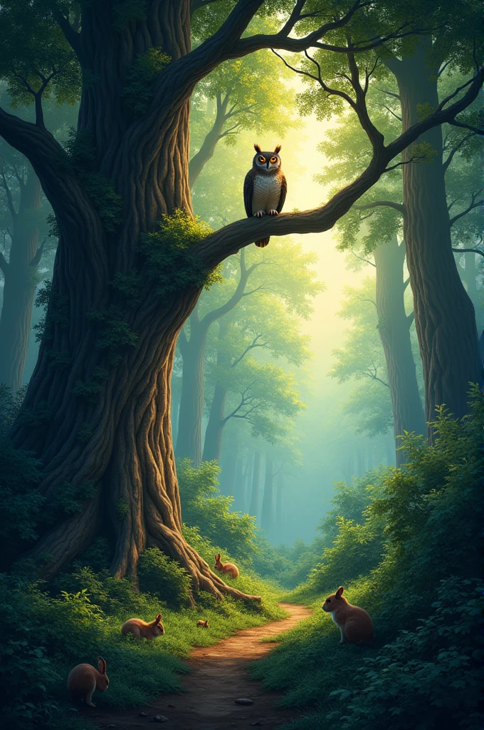 A dense and vibrant forest at dusk with tall trees, thick foliage, and a variety of small animals peeking out. The scene is serene, with soft twilight hues illuminating the greenery. In the background, there's a large tree with a wise old owl sitting on a high branch, looking thoughtful.