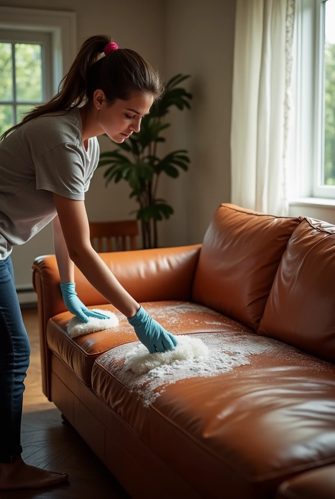 A person cleaning a sofa made of leather where half sofa is wet and the other half is dried due to cleaning with leather conditioner of a house which has nice interiors