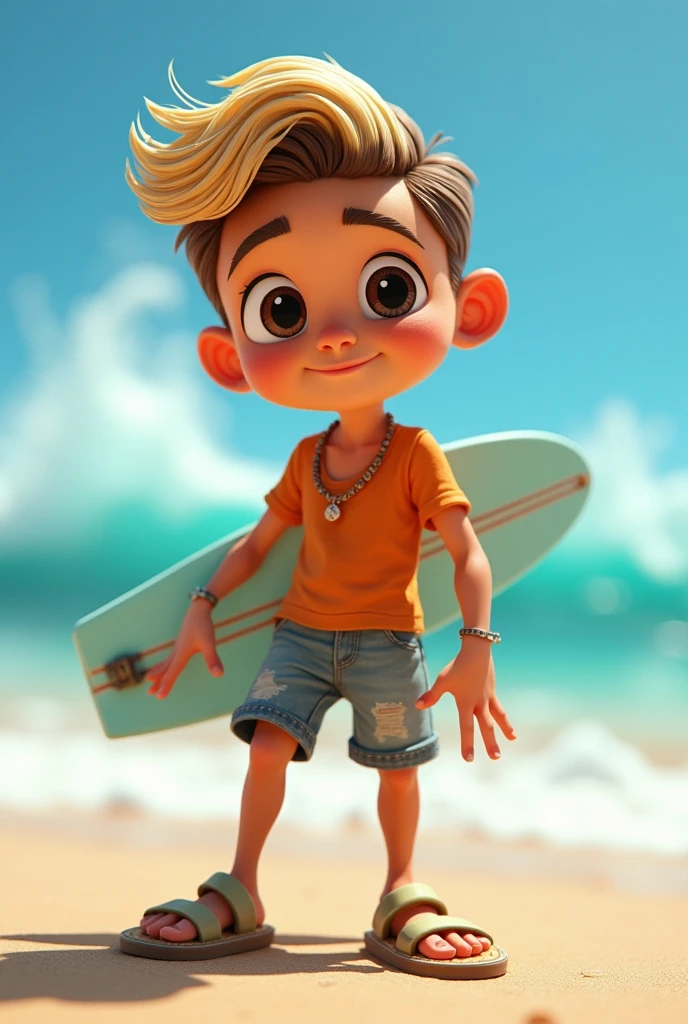 Image of a blond, straight brown hair surfer cut, black eyes for a story in a YouTube video in Pixar format, He's the little alabester, He is extroverted, Playful and stands up for many things,He likes sandals and shorts and is messy when playing