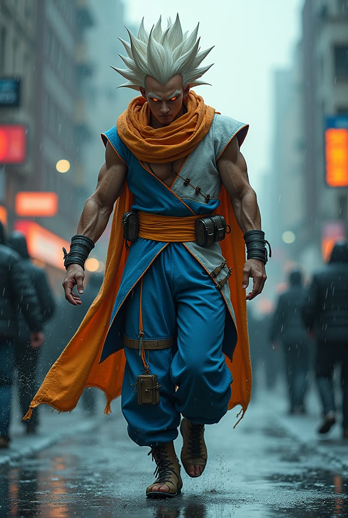Rain, fragments splash Snowflakes, particles blender Cinematic Composition A realistic photoshoot of an Japanese male model cosplaying dragon ball classic Uniform blue orange white, hair style conceptual messy wind akira toriyama as from RAW photography tmasterpiece Anthropomorphic humanoid freeza nanopunk suit goku ssj4 primal Saiyan's rage facing eyes glow red red gold Torn Viking costume wearing Street attire, Walk wildly through the crowd, intricately details, Intricate work by Gribors, Behind the city, fit-muscled body, Large muscles, Muscular arms, Small head, Scary ogres, Titan soft lighting, Ultra photo realsisim, gentle illumination, sinister environment filmed by Zack Synder variant angles dynamic