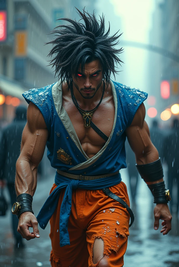 Rain, fragments splash Snowflakes, particles blender Cinematic Composition A realistic photoshoot of an Japanese male model cosplaying dragon ball classic Uniform blue orange white, hair style conceptual messy wind akira toriyama as from RAW photography tmasterpiece Anthropomorphic humanoid freeza nanopunk suit goku ssj4 primal Saiyan's rage facing eyes glow red red gold Torn Viking costume wearing Street attire, Walk wildly through the crowd, intricately details, Intricate work by Gribors, Behind the city, fit-muscled body, Large muscles, Muscular arms, Small head, Scary ogres, Titan soft lighting, Ultra photo realsisim, gentle illumination, sinister environment filmed by Zack Synder variant angles dynamic