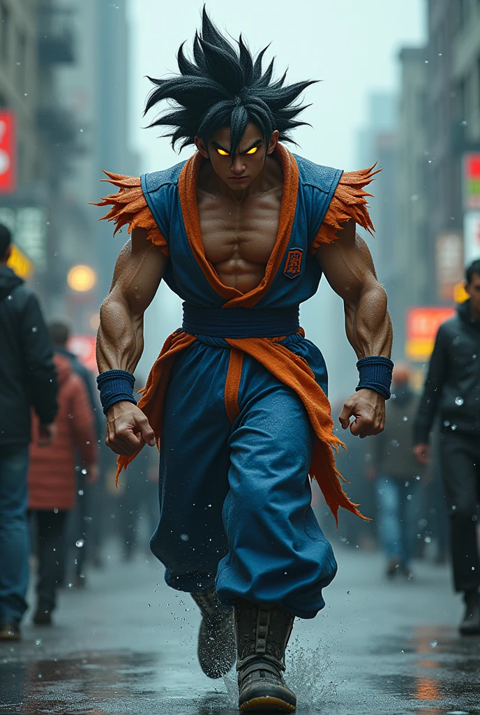 Rain, fragments splash Snowflakes, particles blender Cinematic Composition A realistic photoshoot of an Japanese male model cosplaying dragon ball classic Uniform blue orange white, hair style conceptual messy wind akira toriyama as from RAW photography tmasterpiece Anthropomorphic humanoid freeza nanopunk suit goku ssj4 primal Saiyan's rage facing eyes glow red red gold Torn Viking costume wearing Street attire, Walk wildly through the crowd, intricately details, Intricate work by Gribors, Behind the city, fit-muscled body, Large muscles, Muscular arms, Small head, Scary ogres, Titan soft lighting, Ultra photo realsisim, gentle illumination, sinister environment filmed by Zack Synder variant angles dynamic 