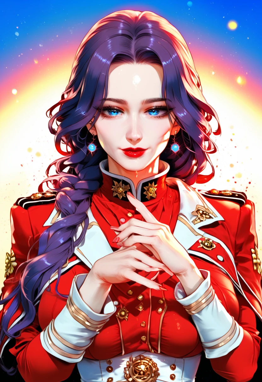 red uniform, pink military uniform, purple hair ,blue eyes, lipstick, long hair, 1 girl, 20yo,Young female, Beautiful Finger, Beautiful long legs, Beautiful body, Beautiful Nose, Beautiful character design, perfect eyes, perfect face, expressive eyes, looking at viewer, in the center of the image,(light_smile:0.5), official art, extremely detailed CG unity 8k wallpaper, perfect lighting, Colorful, Bright Front face lighting, shiny skin, (masterpiece:1.0),(best_quality:1.0), ultra high res,4K,ultra-detailed, photography, 8K, HDR, high res, absurdres:1.2, Kodak portray 400, film grain, blurry background, bokeh:1.2, lens flare, (vibrant_color:1.2) (Beautiful,large_Breasts:1.0), (beautiful_face:1.5),(narrow waist) BLOOD ELVES