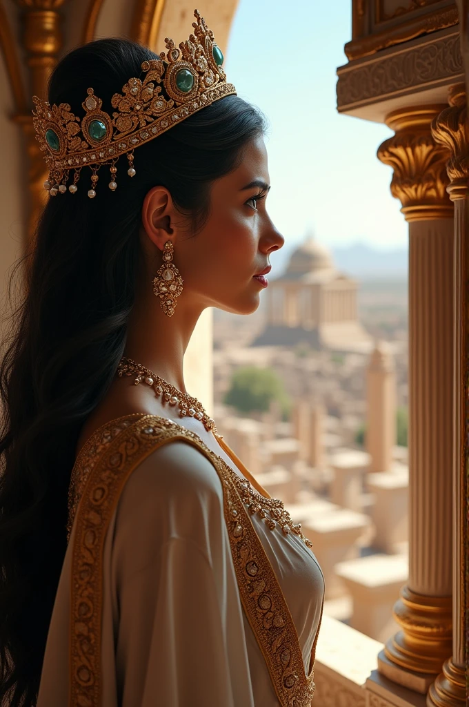 An authentic Iranian woman with a crown, jewels and gold earrings looks at Persepolis from the window of her palace.