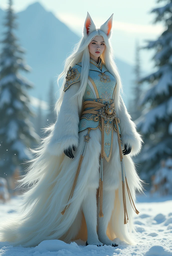 (((solo exhibition)), white fox clothes, lots of decorated costumes, (full body) Take photos of the most beautiful artwork detailed, Intricate details, High detail, Ultra realistic, Hidden armor, proportions, Realistic art,!!!, (((Female Arctic Fox 9 Tails)), Snow covered mountains and forests background, very, very beautiful human art, realistic, 8k, no human hair, no repetition, no repeating tail, no clones, no big heads, ((stuning beautiful idol face)) (highest image quality), (masterpiece), (vibrant, photography realistic, Realistic, Dramatic, Dark, Sharp focus, 8K), (detailed face, lip, nose, rouge, eyeshadow, lipstick, gorgeous face), ((nsfw)) , sexy face beautiful girl, Hour-glass figure body ((full body:1.3)), looking at viewer, blur, blurred background, blurred foreground (bokeh, lens flare, anamorphic lens flare, depth of field), big boobs, long legs, (( 9 Tails:1.2))