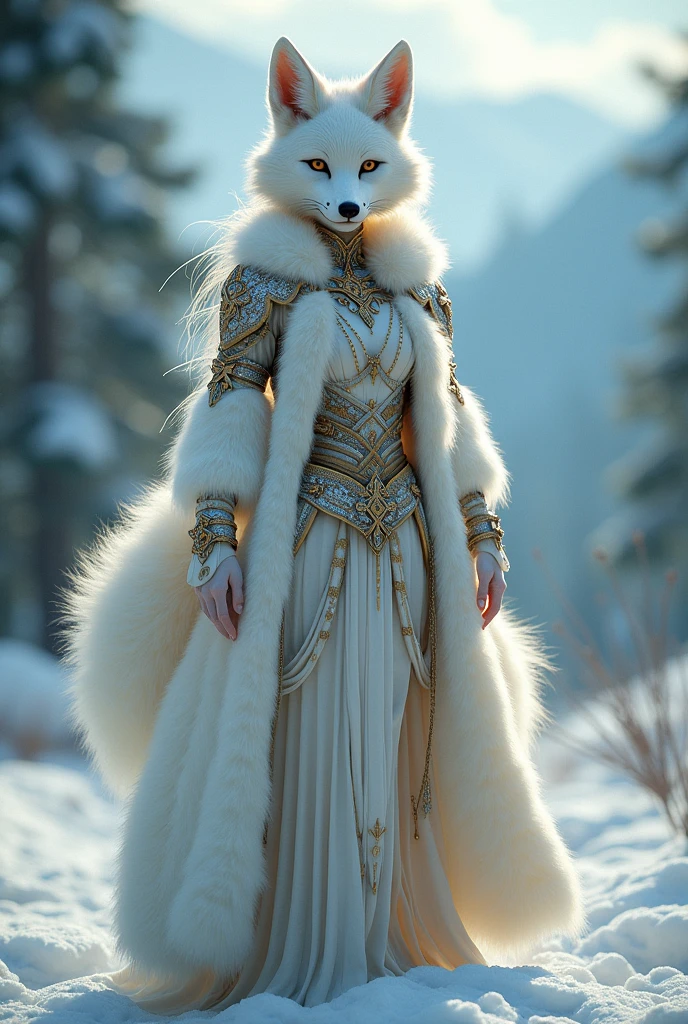 (((solo exhibition)), white fox clothes, lots of decorated costumes, (full body) Take photos of the most beautiful artwork detailed, Intricate details, High detail, Ultra realistic, Hidden armor, proportions, Realistic art,!!!, (((Female Arctic Fox 9 Tails)), Snow covered mountains and forests background, very, very beautiful human art, realistic, 8k, no human hair, no repetition, no repeating tail, no clones, no big heads, ((stuning beautiful idol face)) (highest image quality), (masterpiece), (vibrant, photography realistic, Realistic, Dramatic, Dark, Sharp focus, 8K), (detailed face, lip, nose, rouge, eyeshadow, lipstick, gorgeous face), ((nsfw)) , sexy face beautiful girl, Hour-glass figure body ((full body:1.3)), looking at viewer, blur, blurred background, blurred foreground (bokeh, lens flare, anamorphic lens flare, depth of field), big boobs, long legs, (( 9 Tails:1.2))