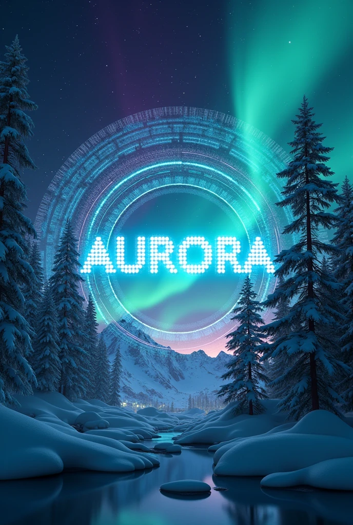 A poster , with very very funky and colourfull and unique background with a mix of digital world and Northern lights, make it dreamy, artistic, realistic, aesthetic.. Make it more digital unique , funky , digitalize , technology with mix of colourful northern Aurora lights
Add a digital or technology logo in the middle
Add a text in a funky text in the middle in big letters AURORA , in the middle
Make it artistic , realism , digital, unique, funky , make it professional