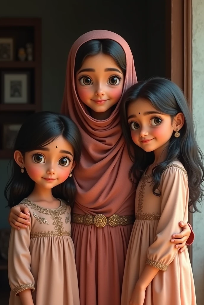 pakistani young mother with dupatta on her head and her one elder daughter on her right side and one young daughter on her left side standing