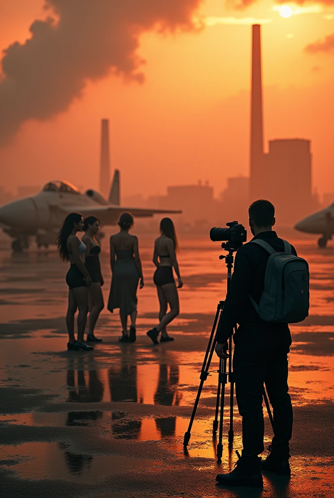 3D Style,Aerial Photography,Two-color,black,orange,Photographer holding camera and tripod,Photo pose,With several beautiful models,commanding,factory,taller,Aircraft depot,Abandoned fighter plane lying on the ground,Wide-angle lens