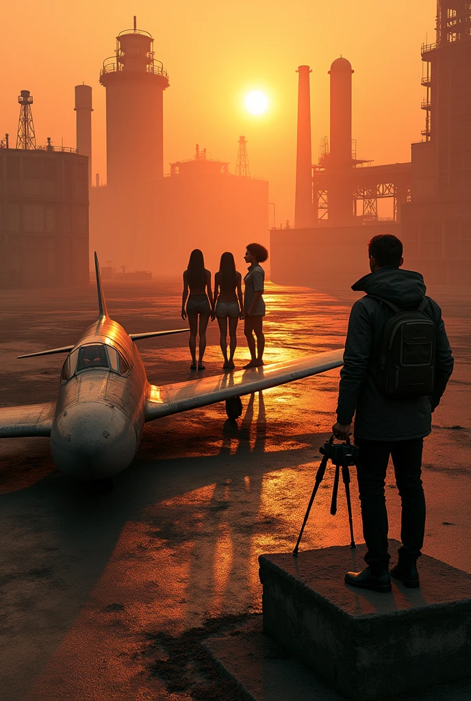 3D Style，Aerial Photography，Two-color，black，orange，Photographer holding camera and tripod，Photo pose，With several beautiful models，commanding，factory，taller，Aircraft depot，Abandoned fighter plane lying on the ground，Wide-angle lens