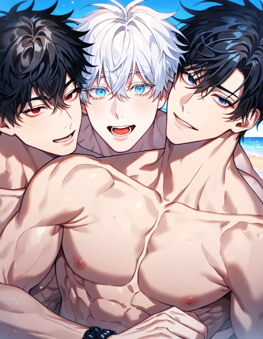 3 shirtless boys on a beach, they have different skin colours, shiny skin