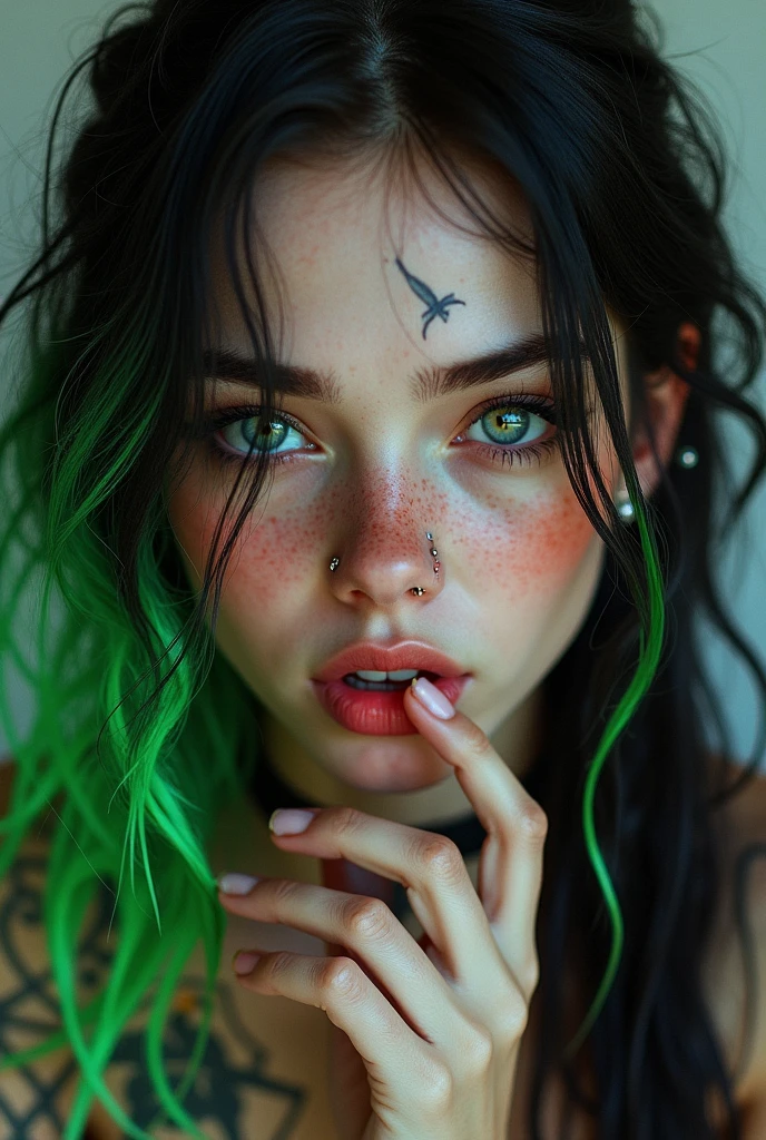 Realistic photo of attractive, delicate and beautiful woman with freckles, grey-green eyes, long black hair with neon green and orange highlights, piercing, tattooed, biting her lip, playing with her hair, hand with finger on her lips 