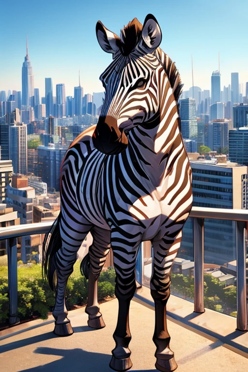zebra trying to blend in with a vibrant cityscape