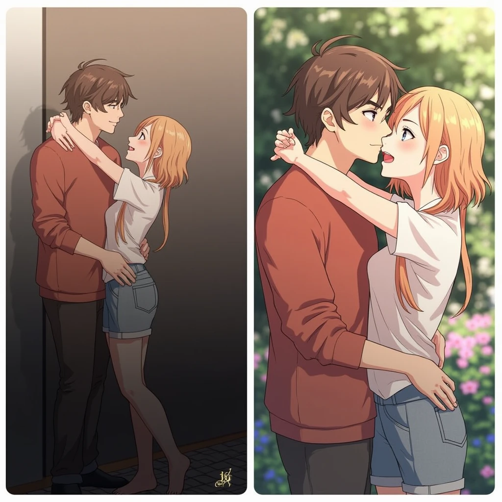 The person on the right gives a kiss to the person on the left