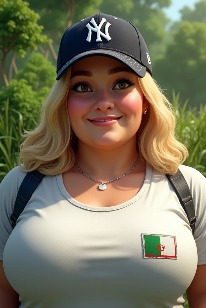 Close up, blonde woman, plump, New York Yankees 9fifty team, white, black t-shirt with Algerian flag detail and green and white stripes, green nature background