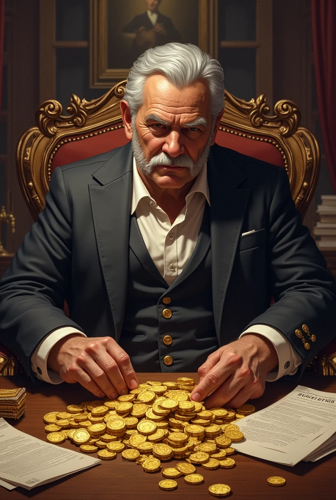 he **Mayor Arriaga** in his office, surrounded by riches: coin chests, jewelry and documents of **commercial distributions**. Arriaga looks pleased as he counts coins.