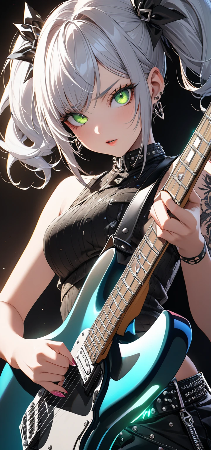 ((masterpiece )), (top quality), (best quality), ((ultra-detailed, 8k quality)), Aesthetics, Cinematic lighting, (detailed line art),
BREAK,
Beautiful Gothic dark elf girl, Sitting on a top of a mountain, playing (Guitar), full moon sky, dark night Background,
BREAK,
absurdres, athletic proportions, play Guitar pose, (acoustic guitar), cowboy shot, dynamic angle, dress, (Gothic dress with ice crystals), (black dress with ice crystals), dip hem dress, highheels, ankle boots, lace train, dip hem, bare shoulders, corset dress, (surrounded by ice), (the garden of an ice mountain),
BREAK,
highly detailed of ( dark elf), (1girl), perfect face, details eye, Bob cut hair, Blunt bangs, (hair between eye), white hair, violet eyes, eyelashes, eyeshadow, pink eyeshadow, light smile, design art by Artgerm, by Kawacy, By Yoshitaka Amano,
BREAK,
((perfect anatomy)), nice body, medium breast, extremely detailed finger, best hands, perfect face, beautiful face, beautiful eyes, perfect eyes, perfect fingers, correct anatomy, ((Dark skin))