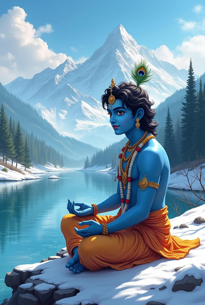 Lord krishna in anime sitting near river mountains and snow