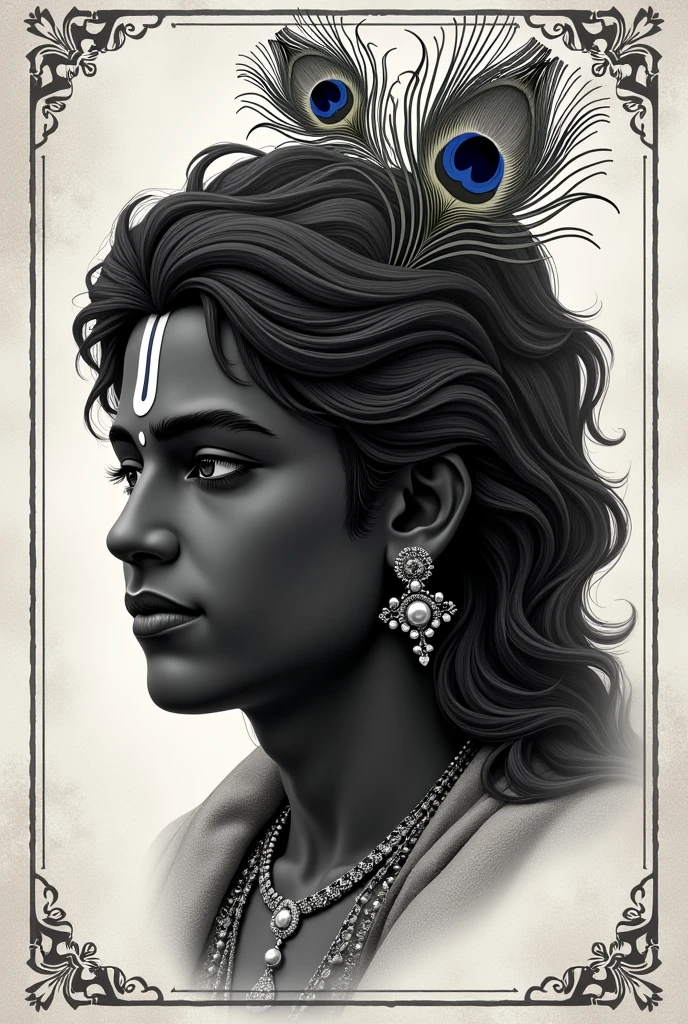 Black and white wallpaper related to lord Krishna with U shaped tilak, place feather peacock instead of leaves on head