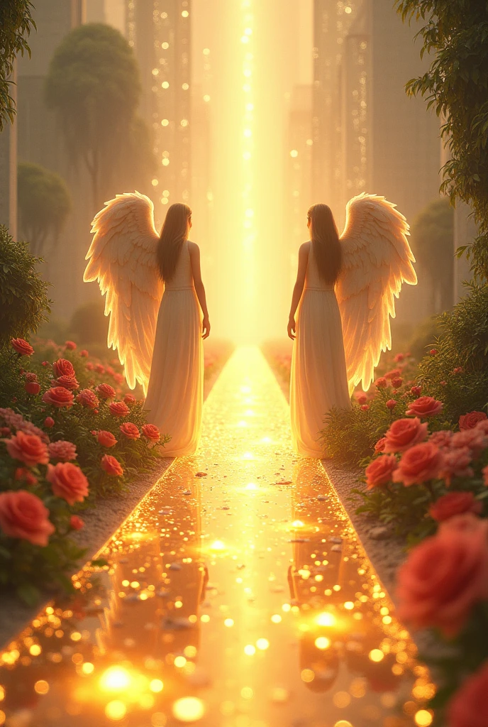 Straight path like transparent golden crystal, On each side of the road flowers, rose, buildings with Mo the golden transparent glass, war angels on the sides with lots of light