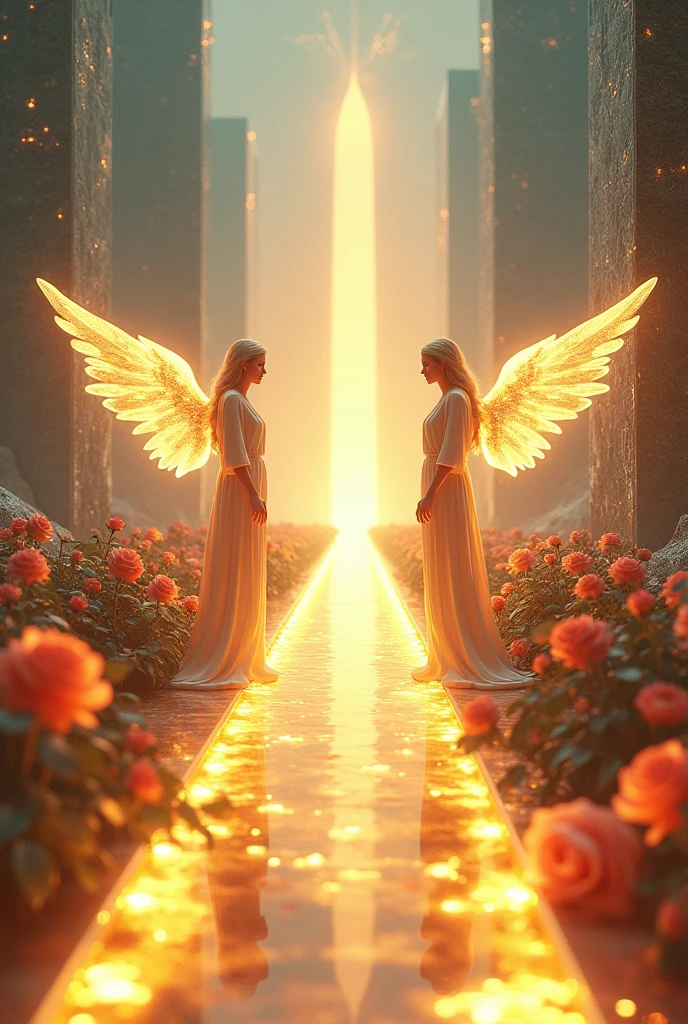 Straight path like transparent golden crystal, On each side of the road flowers, rose, buildings with Mo the golden transparent glass, war angels on the sides with lots of light