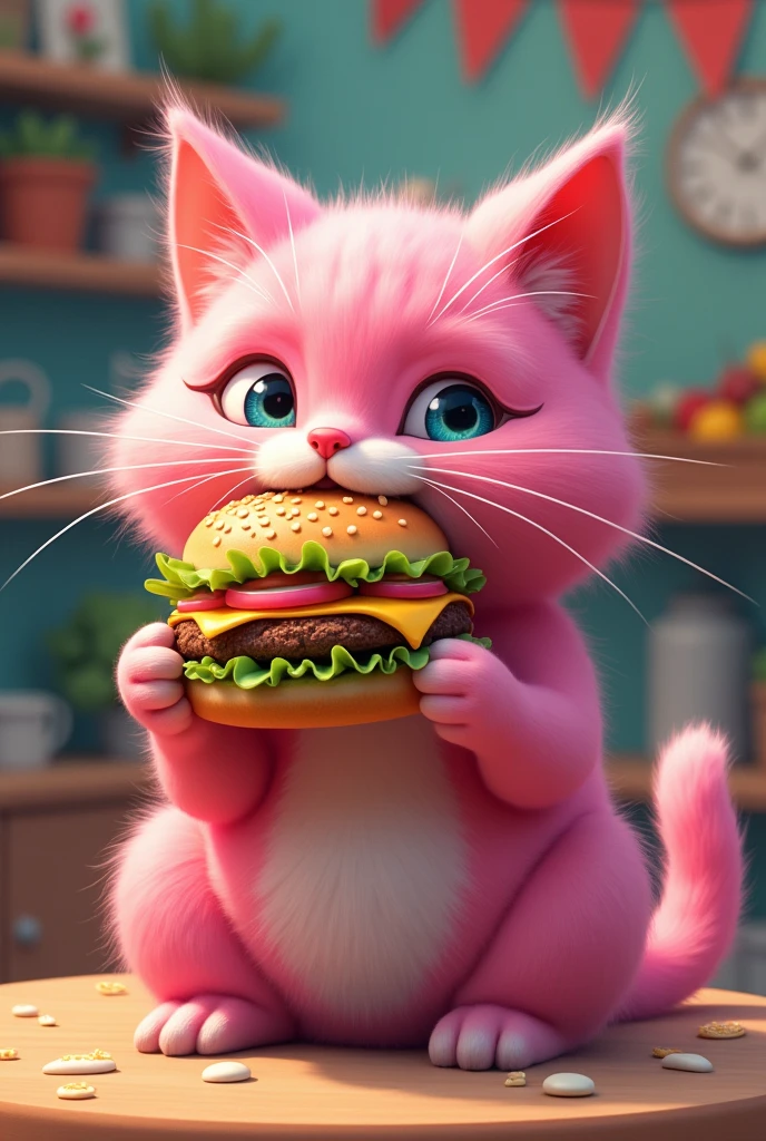 A pink cat eating a hamburger