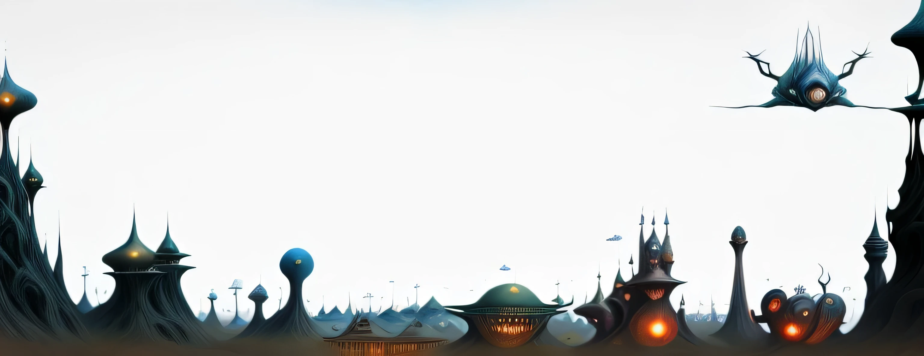 there is a painting there，Depicting a fantasy world full of buildings。, Magical surrealism, Jacek Jelka and Vladimir Kush, Inspired by Jacek Yerka, Style of Hieronymus Bosch, hyper-realistic illustration, Ivan Genelich (Ivan Generalic) of inspiration, surreal alien kingdom, Alien Landscape, Fantasy painting, Giger and Jacek Jelka