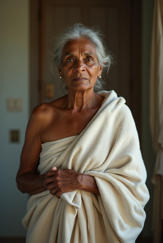 A Black heard mature Indian women in towel
