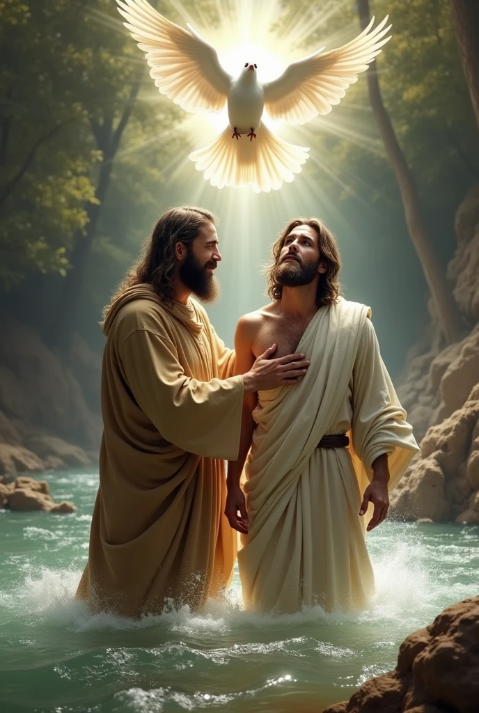 A sacred scene on the Jordan River, where John the Baptist, dressed in a simple camel skin tunic, is standing in the waters, segurando gentilmente os ombros de jesus enquanto o submerge para o batismo. jesus, with an expression of serenity and devotion, emerges from the waters, his white robes soaked, and look at the sky. The moment he is baptized, a white dove descends gently from the sky, symbolizing the Holy Spirit, pairando acima de jesus, with its wings spread and shining with a light 