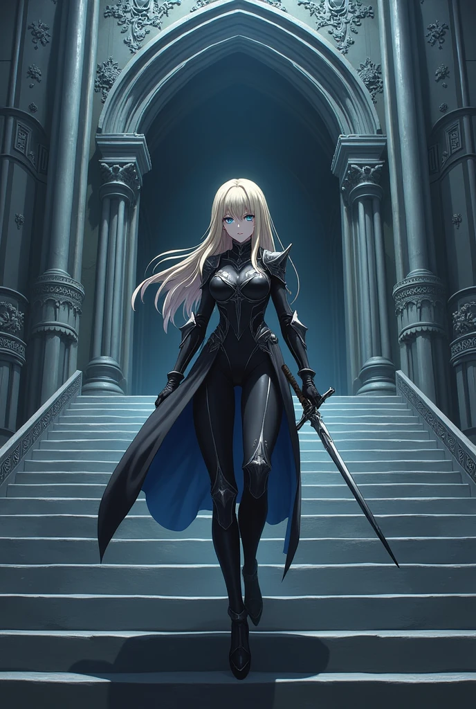 a young human woman that resembless Darkness from konosuba on the stairs of a castle with her sword drawn