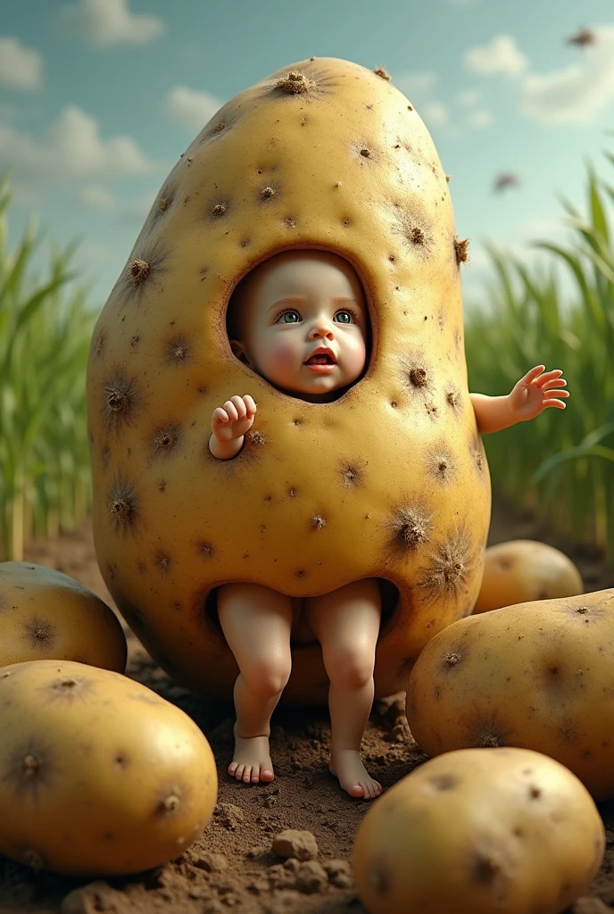  potatoes in field with hand and foot and face in one potato 