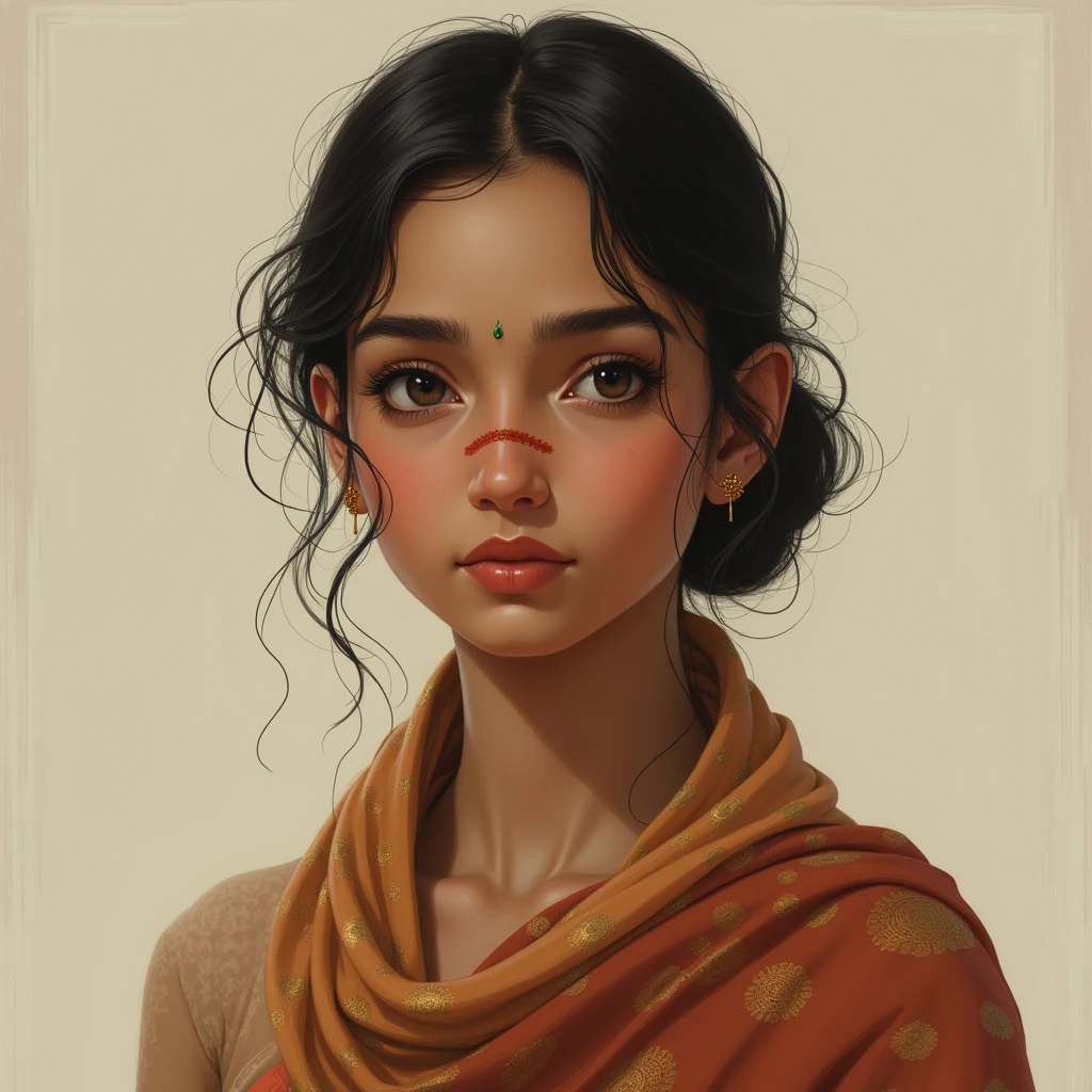 A square-shaped face with a spot on the right side of the nose, a girl wearing a long sari