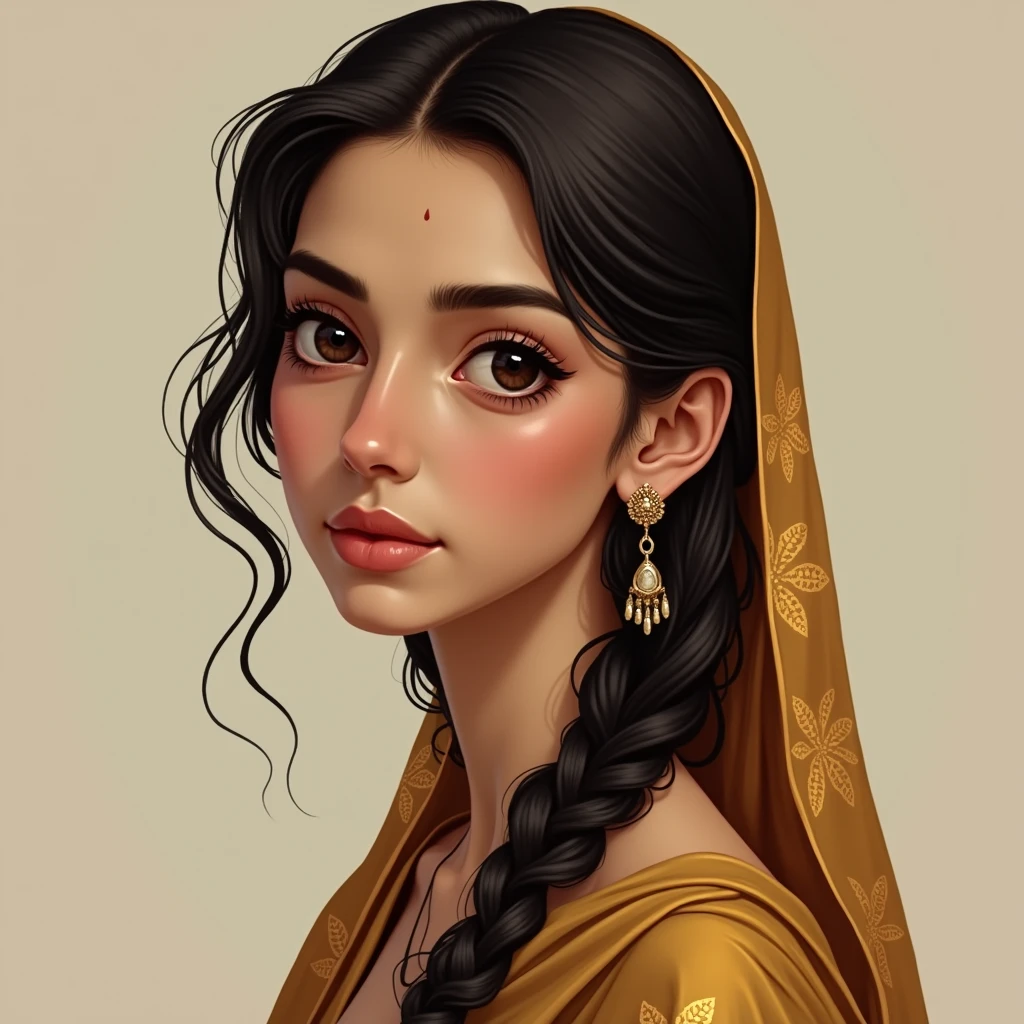 A square-shaped face with a spot on the right side of the nose, a girl wearing a long sari