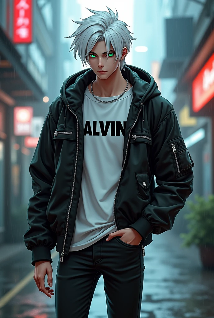 Erkek cocuk, pele caucasiana, 17 year, White hair, wearing black jeans, wearing black boots, White T-Shirt and her name 'ALVIN' has written on that with black aviator jacket, greeneyes,curved body, cocked ass, cyberpunk atmosphere, Raby, アニメ, Mullet, upper body, Anime Style,Two Side Up, 3D